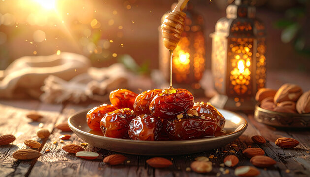 Honey drizzled on fresh dates with almonds and Ramadan lanterns