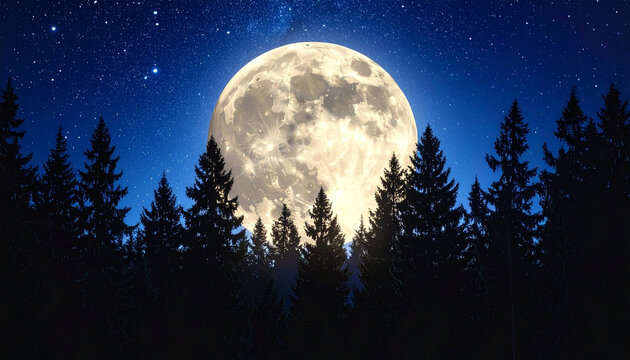 Huge Full Moon Rising Behind Pine Forest Silhouette Starry Night