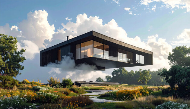 Surreal Floating Modern House Over Lush Flower Meadow Landscape