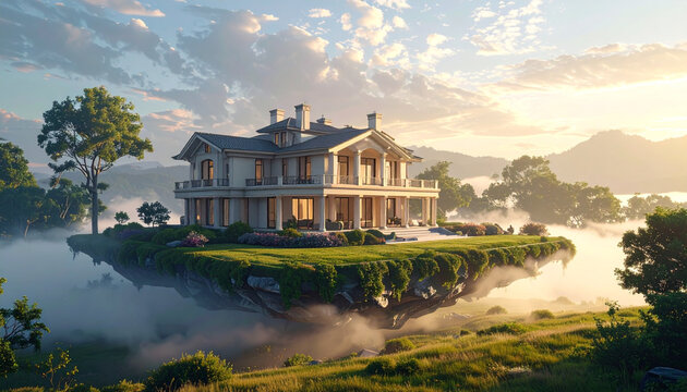 Floating Luxury Mansion on Levitating Island Above Misty Clouds