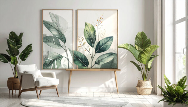 Modern Bright Interior with Botanical Wall Art and White Armchair