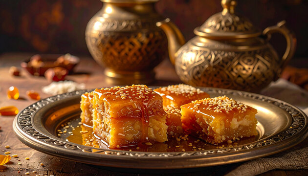 Traditional Middle Eastern Honey Pastry with Sesame on Golden Plate