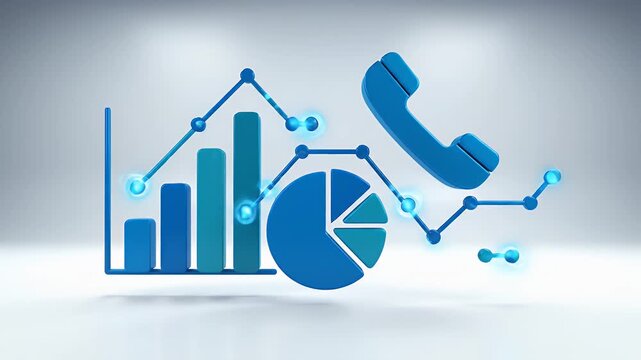 Blue 3D bar chart and pie graph icons.