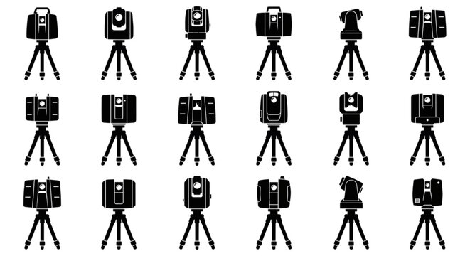 Total Station Surveying Instrument Tripod Silhouettes, Vector silhouettes showcasing modern digital theodolites, 3D laser scanners, and total stations mounted securely on heavy-duty tripods.