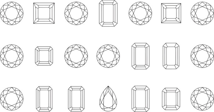 Various diamond cut shapes and designs in black and white illustration
