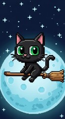 Naklejka premium Cute black cat on broomstick against full moon with starry night background for halloween