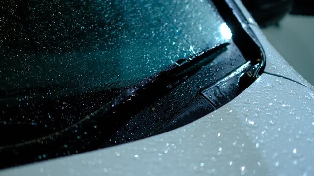 Close-up of rain-slicked car glass
