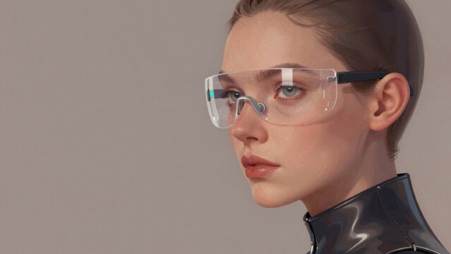 Close-up portrait young woman's face wearing futuristic-looking pair glasses transparent frame black strap nec