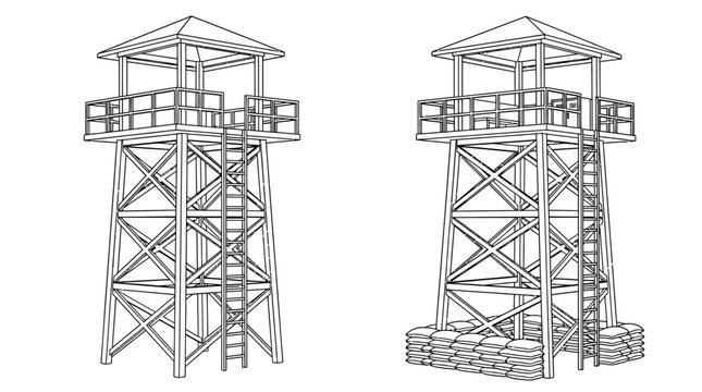 Line drawings of two metal fire towers with latticework supports and guardrails on a white background.