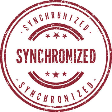 Distressed circular stamp impression featuring the word SYNCHRONIZED in a textured grunge style mark