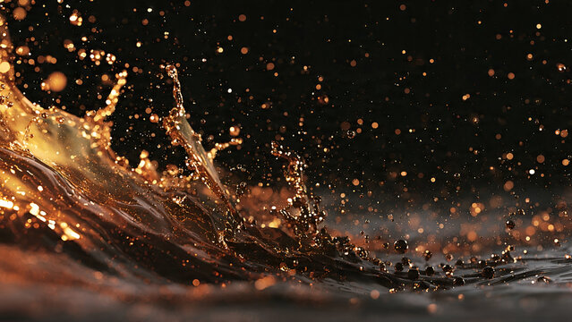 Amber Engine Oil Splash with Particles on Black Background