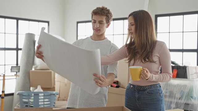 Man holds blueprint and points with hand while woman holds yellow mug among moving boxes in a building; anticipation teamwork.