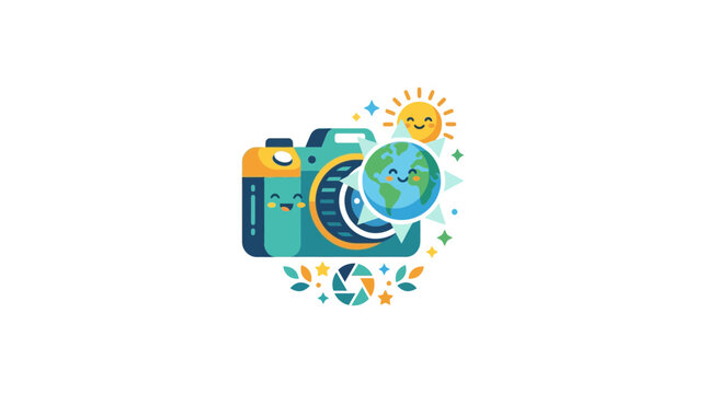 Happy Camera Capturing Earth and Sun with Stars and Leaves