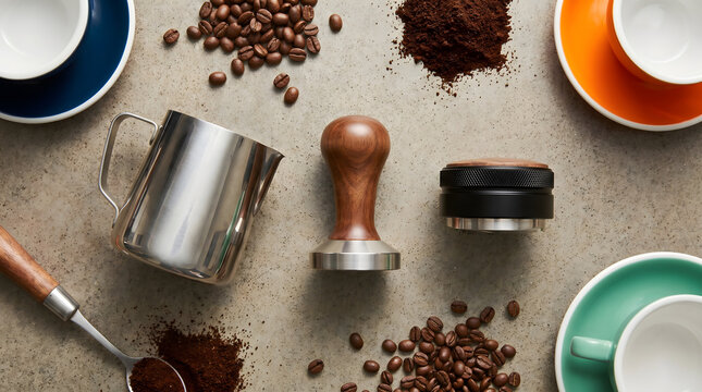 Coffee equipment and beans arranged in a flat lay still life composition with various cups and tools