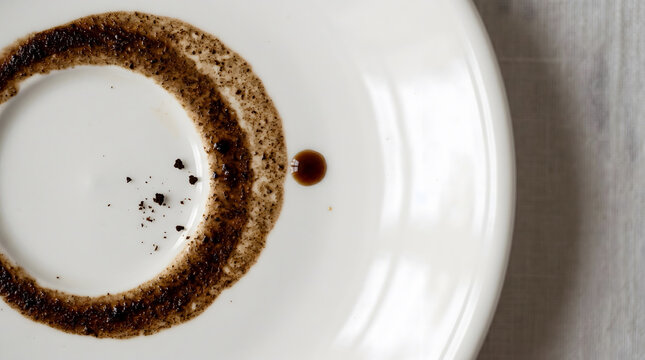 White ceramic plate with coffee residue stains and scattered grounds in close-up
