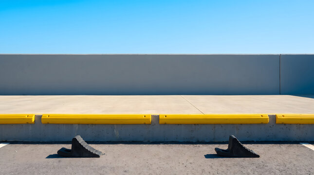 Yellow curb and black wheel chocks on concrete pavement under clear blue sky