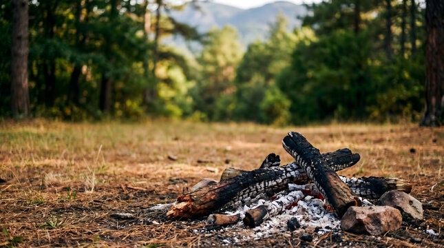 Extinct campfire with charred logs and ash in a forest clearing at golden hour