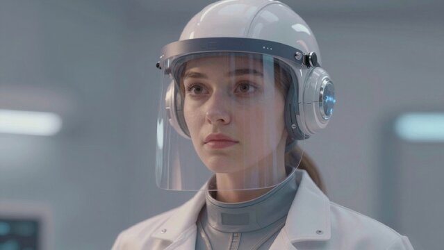 Young woman wearing futuristic helmet transparent visor white has round headpiece blue light top lab coat coll