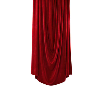 A hanging piece of deep red velvet fabric with soft vertical folds and drapes, isolated on a solid white background, for display
