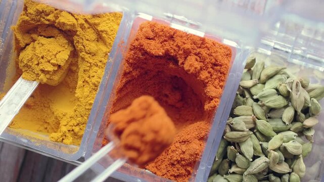 Mixing spices in a kitchen for cooking and flavor