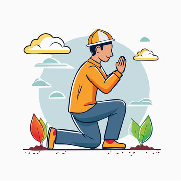 Man in hard hat praying outdoors with plants and clouds