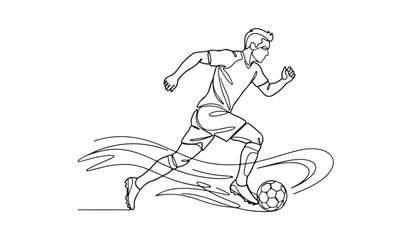 Obraz premium Soccer player running with ball continuous line art vector illustration isolated on white background.