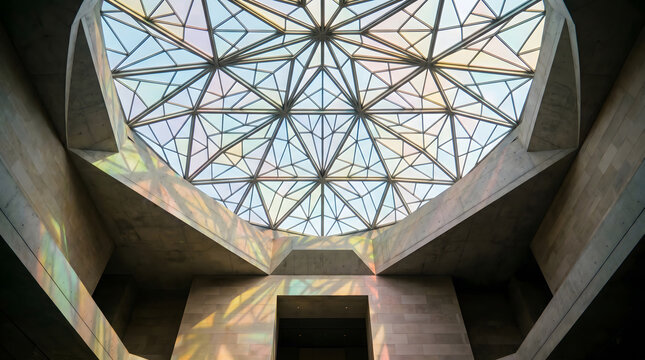 Concrete structural dome with glass skylight casting intricate light and shadow patterns