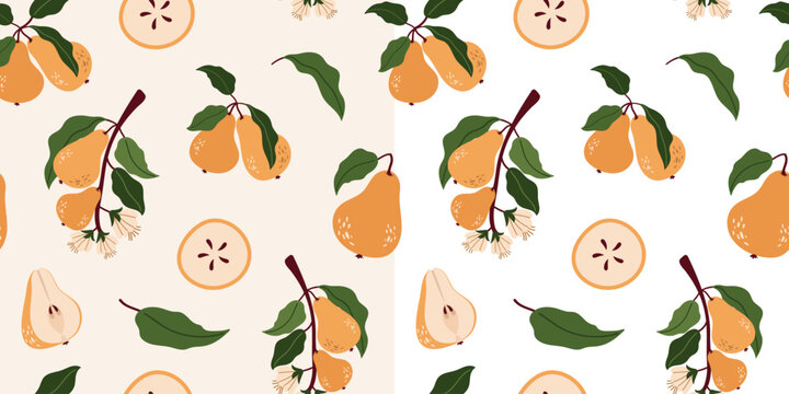 Hand-drawn pear fruits with leaves and flowers in a modern style. Vector seamless illustration for fabric, wallpaper, wrapping paper, and more.