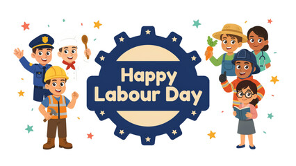 Fototapeta premium Happy diverse group of people celebrating labour day with colorful decorations and balloons