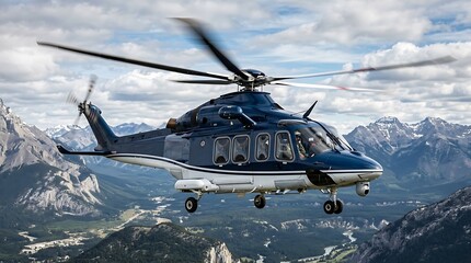Naklejka premium Modern Blue Helicopter Flying Over Majestic Mountain Range