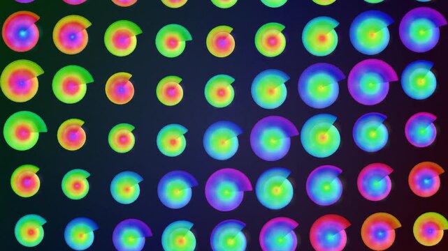 Abstract grid pattern of vibrant rainbow colored glowing spiral shells