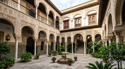 Fototapeta premium Moorish courtyard with ornate arches, fountains, and lush greenery