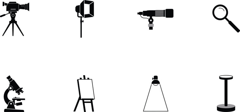 Video production and optical equipment icon set featuring cinema camera tripod softbox light microphone magnifying glass easel and microscope vector shapes,