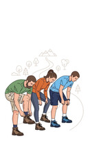 Fototapeta premium Outdoor Adventure Preparation Three Friends Tying Hiking Boots Ready For Trail Exploration