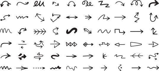 Naklejka premium Assortment of hand drawn black arrow with varied styles and directions indicating movement and directionality in a collection