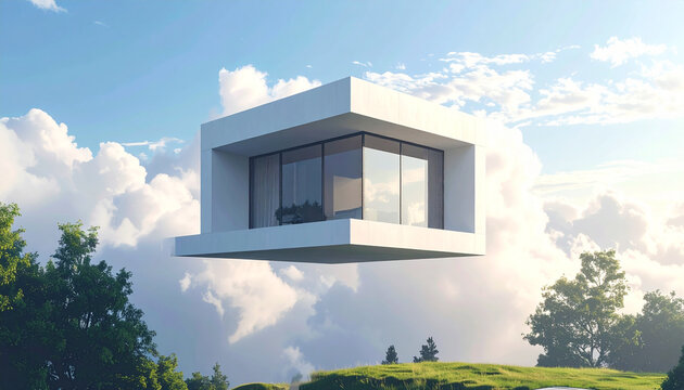 Futuristic Minimalist Floating Cube House in Clouds Above Hills