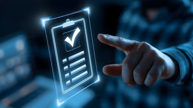 Digital checklist hologram interface with glowing check mark symbol hovering over a glowing clipboard concept for successful task completion and verification in a technology driven business