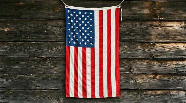 American Flag Hanging Vertically on Dark Weathered Wood Wall