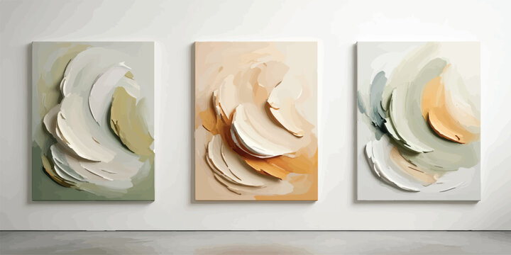 Modern triptych abstract oil art panels featuring thick textured paint swirls abstract painting triptych textured sculptural minimalist brushwork interior background contemporary aesthetic