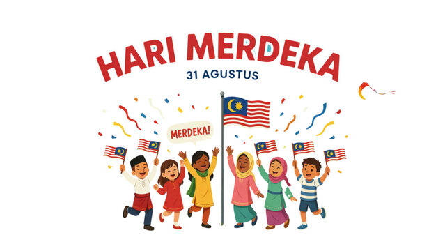 Happy diverse children celebrating malaysian independence day with flags and colorful decorations