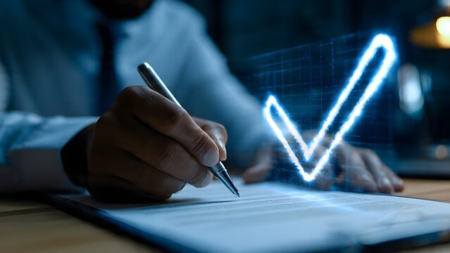 Person signing contract document with digital checkmark overlay signifying approval and agreement for business deal success and official verification process in a corporate environment