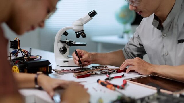 Professional technician using precision tools to repair a disassembled digital tablet on a workbench in a laboratory, with a young student assembling a small robot in the foreground