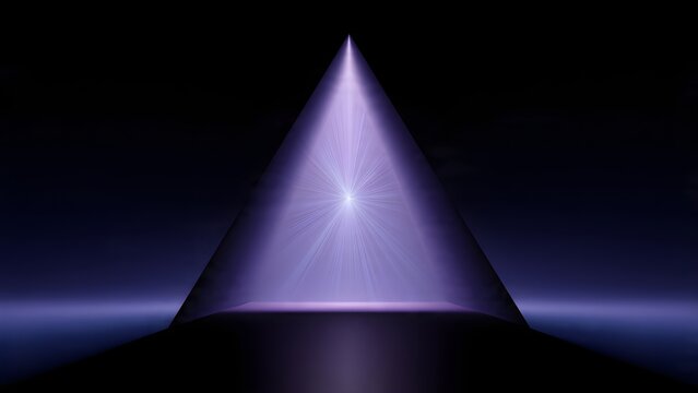 Illuminated purple geometric cone shape bathed in light projecting outwards and reflecting on a glossy surface beneath creating a dynamic and abstract visual composition with ethereal glowing
