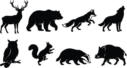Obraz premium Forest Wildlife Animal Silhouette Collection with Mammals and Woodland Bird Set