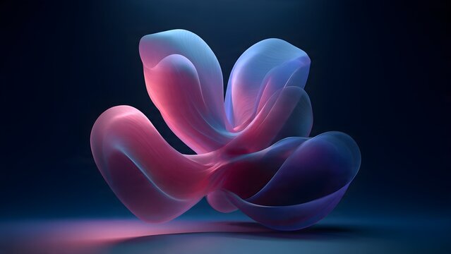 Abstract flowing organic form with soft pink and blue hues emanating light on a dark reflective surface perfect for technology science or futuristic concepts showcasing fluid motion and luminous