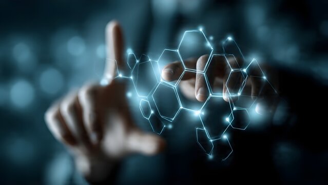 Abstract digital network and connection visualization with glowing geometric shapes and a human hand interacting with futuristic technology concept representing data flowing through