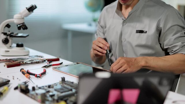 Professional electronics repair technician carefully fixing a broken tablet with a screwdriver in a modern laboratory surrounded by various tools, computer parts, and a microscope
