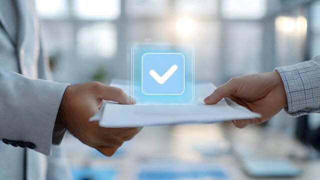 Business partners exchanging documents with a holographic approved checkmark symbol appearing above signifying agreement and successful completion of a transaction in an office setting with
