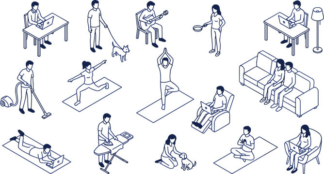 People daily life activities and home routine isometric line art concept set vector outline illustration