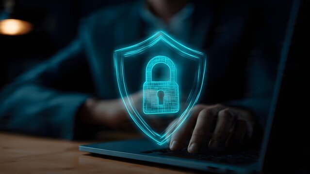 Digital protection concept with a glowing shield and padlock symbol overlaid on a person typing on a laptop computer keyboard representing cyber security and data privacy